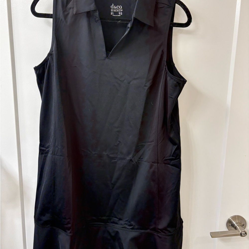 Denim & Co. Beach Black Ruffled Hem Swim Cover-Up Dress w/Collar SZ L